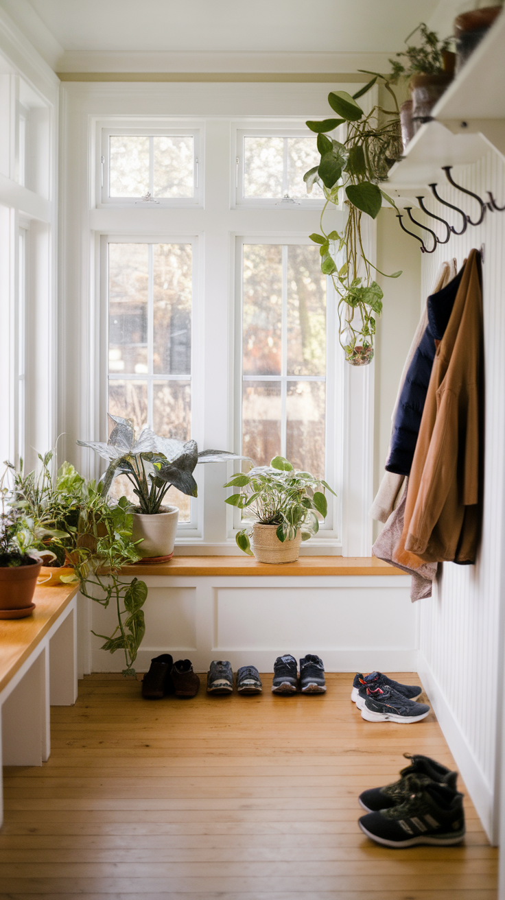 A bright entryway with large windows, plants, and shoes neatly arranged on the floor.