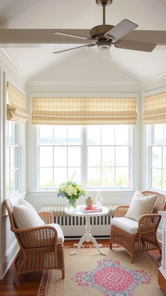 Cozy seating area with light window treatments, plants, and a round table.