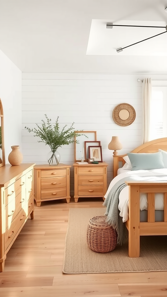 Coastal cottage bedroom with light wood furniture and accents