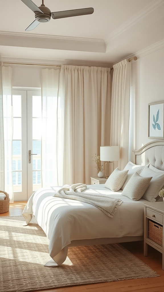 A bright coastal cottage bedroom with lightweight linen drapes and a serene view.