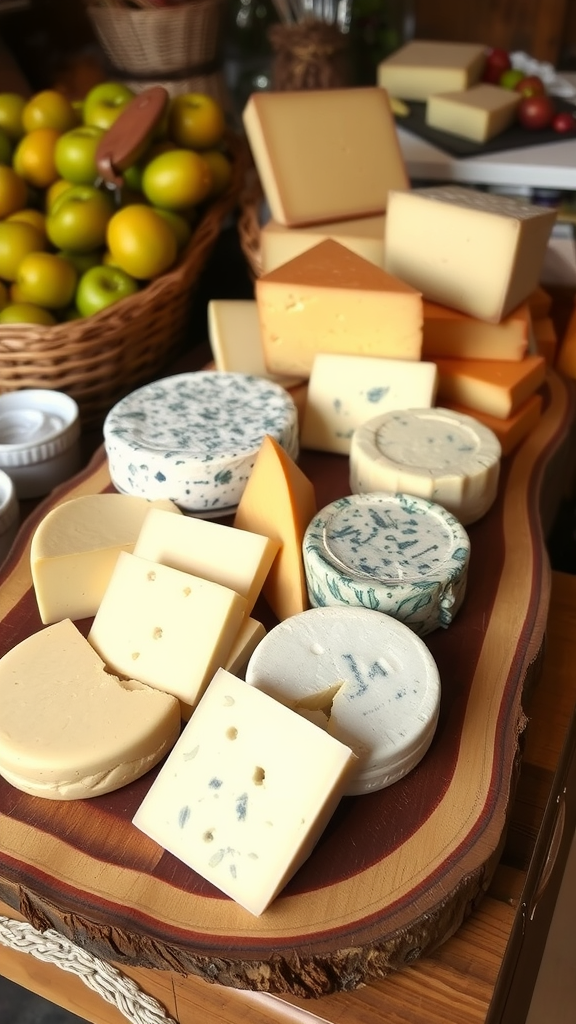 A variety of local cheeses displayed on a wooden platter, surrounded by fresh fruits.