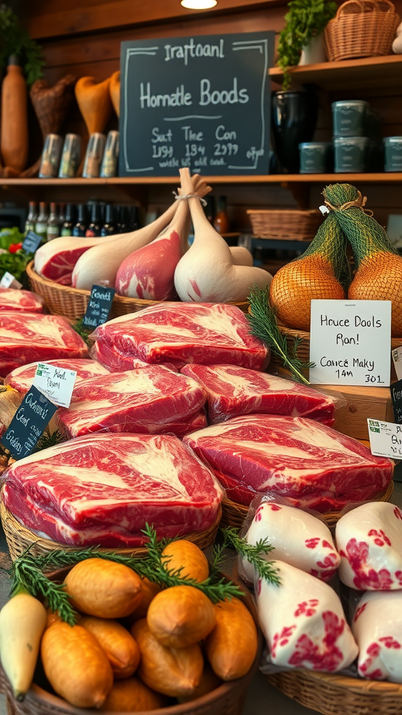 A display of fresh meat cuts and poultry with a sign for a local butcher shop.