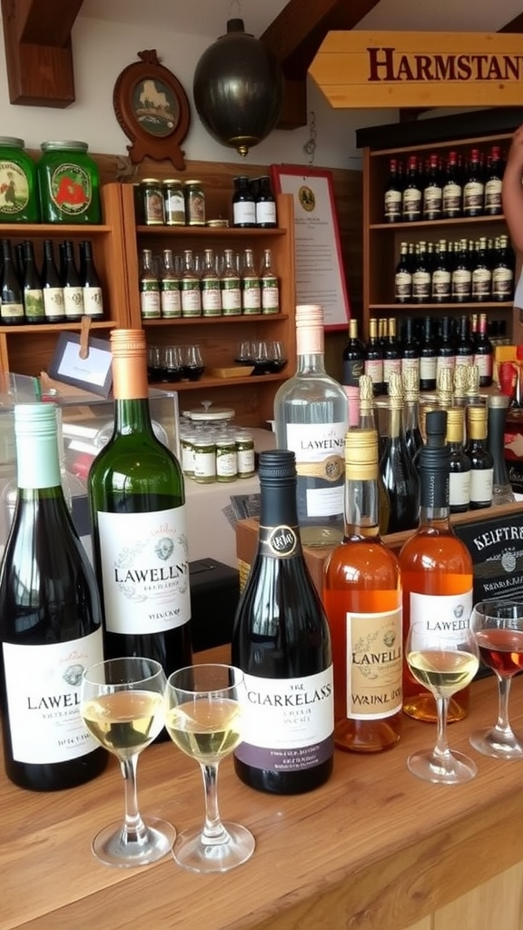 Display of various local wines and spirits on a wooden bar.