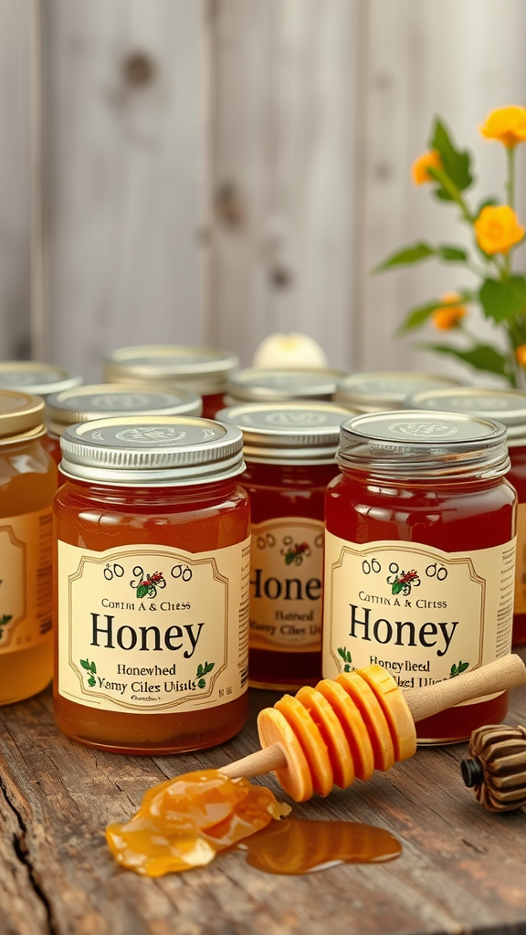 Jars of locally sourced honey with a honey dipper and flowers.