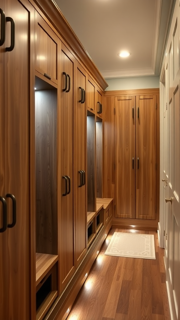 Wooden lockers with built-in lighting for visibility in a hallway