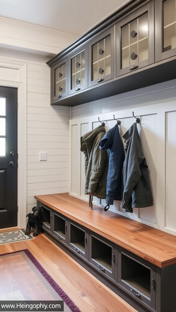 Interior space featuring lockers with hooks for hanging outerwear, enhancing convenience.