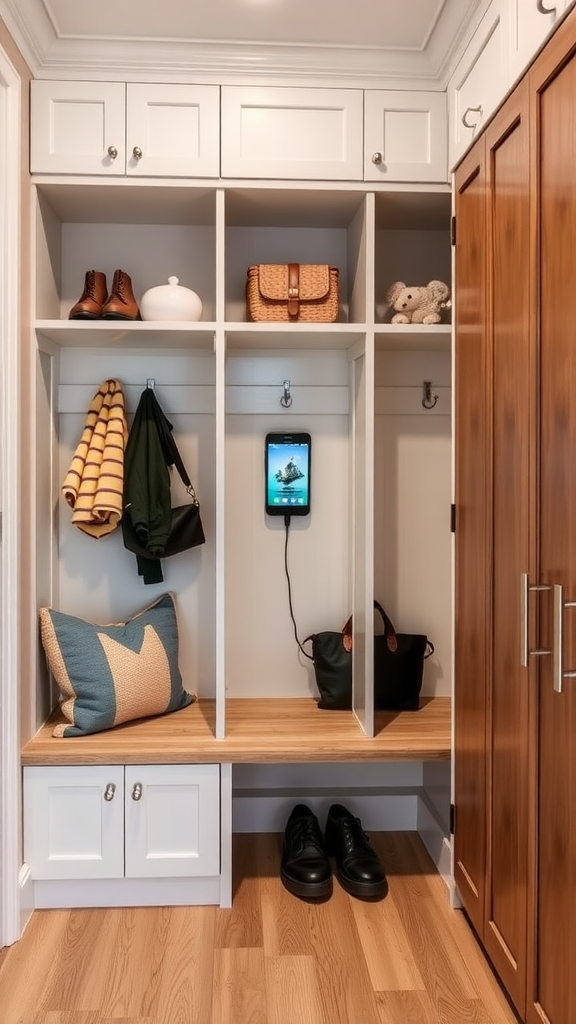 A modern locker setup featuring integrated charging station, shoes, bags, and clothing items.