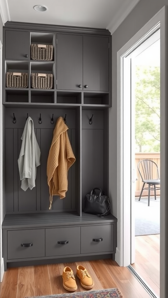 A stylish entryway with gray sliding door lockers, hooks for coats, and a welcoming atmosphere.