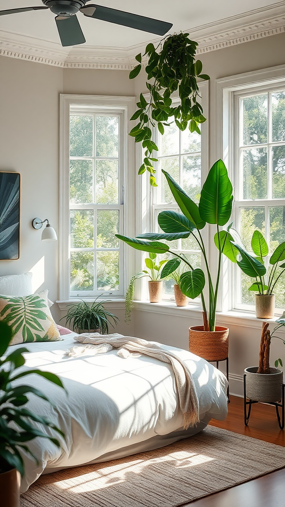 A cozy bedroom filled with lush green plants, sunlight streaming through large windows.