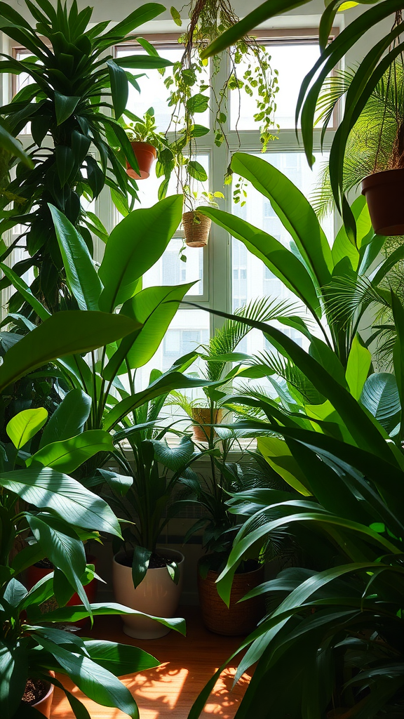 Lush indoor jungle corner with various plants basking in sunlight