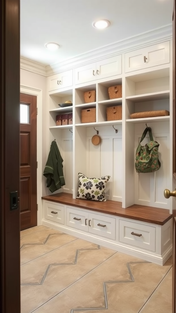 A stylish entryway featuring a luxurious bench with shelves, drawers, and decorative pillows.