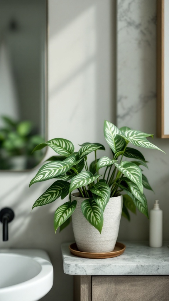 A Maranta plant with vibrant green leaves in a bathroom setting.