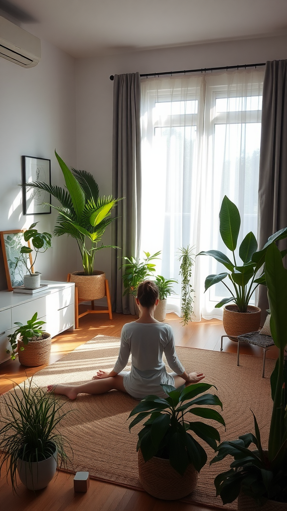 A serene meditation space filled with various indoor plants, featuring a person sitting peacefully on the floor.