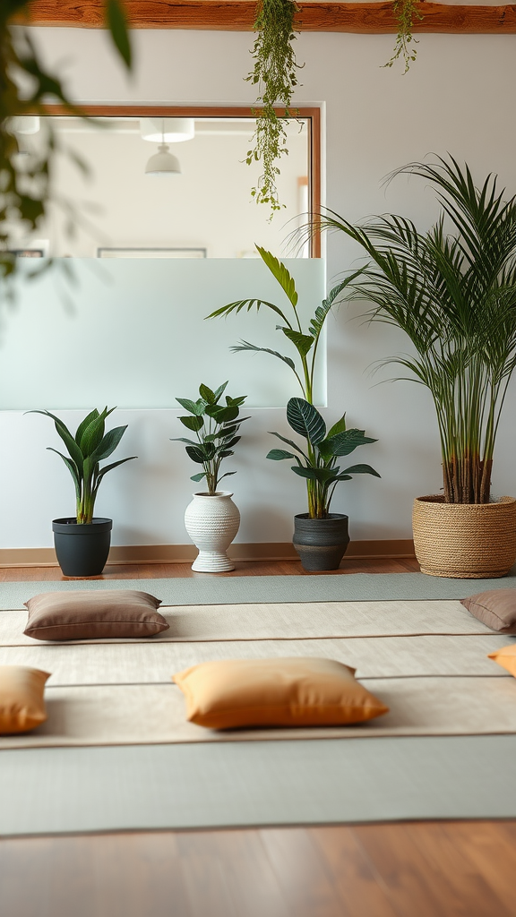 A serene meditative corner featuring floor cushions and potted plants.