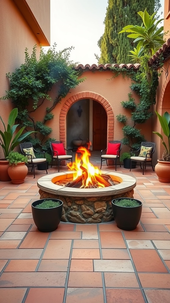 Mediterranean inspired backyard with a fire pit surrounded by greenery and colorful chairs.