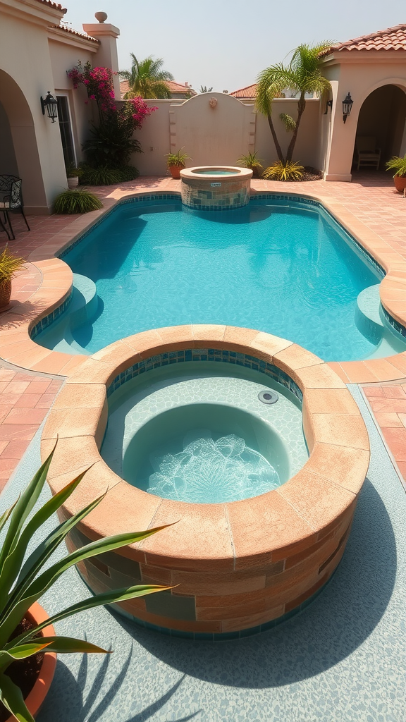 Mediterranean-style pool with a jacuzzi nook surrounded by plants