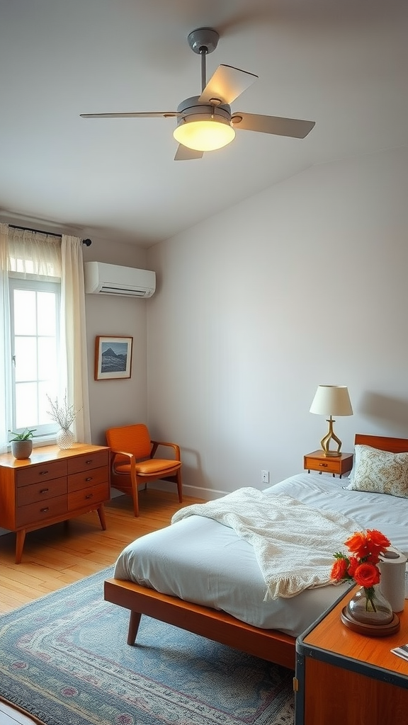 A mid-century modern bedroom featuring a wooden bed, a decorative blanket, and a cozy chair.