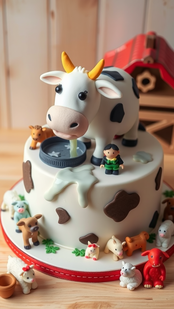 A whimsical cake designed with a cow and farm animal figurines, celebrating the theme of milking time.