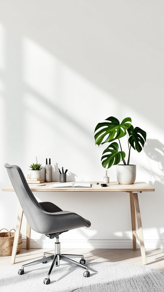 Minimalist office with a single statement plant on a desk