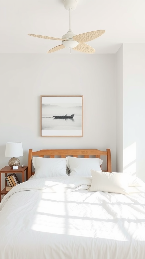 A cozy minimalist bedroom with a wooden bed, white bedding, and a fan, complemented by a framed black and white photo.