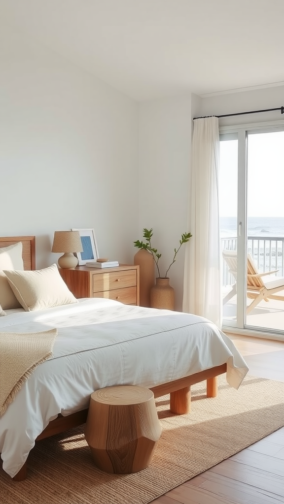 A minimalist coastal bedroom featuring a wooden bed, natural textures, and a view of the sea.