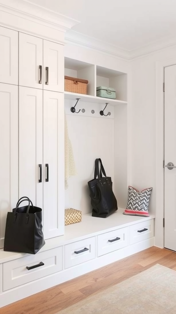 A minimalist locker area with white cabinetry, hooks, and storage bags.