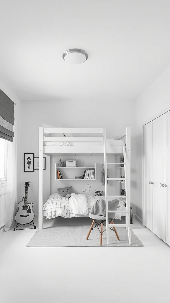 A minimalist loft bedroom featuring a bunk bed, cozy decor, and a guitar.