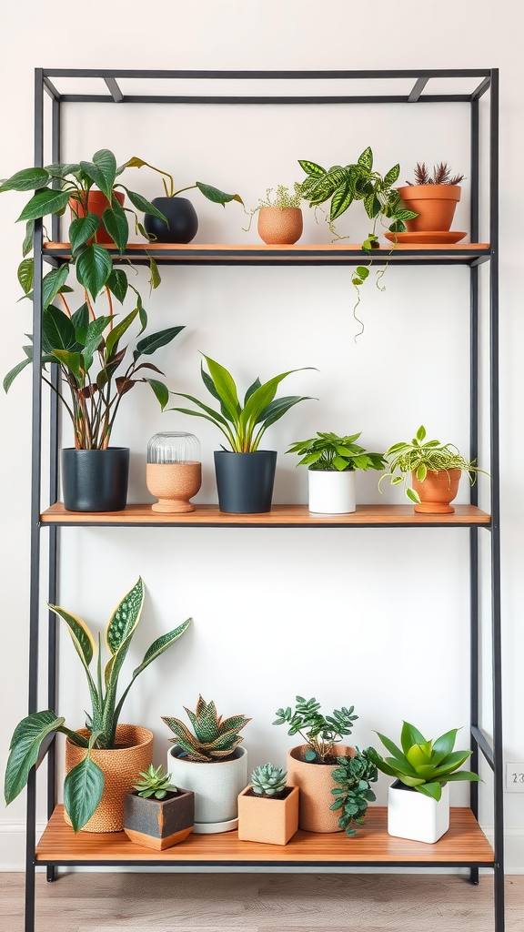 Minimalist plant display on shelves with various potted plants.