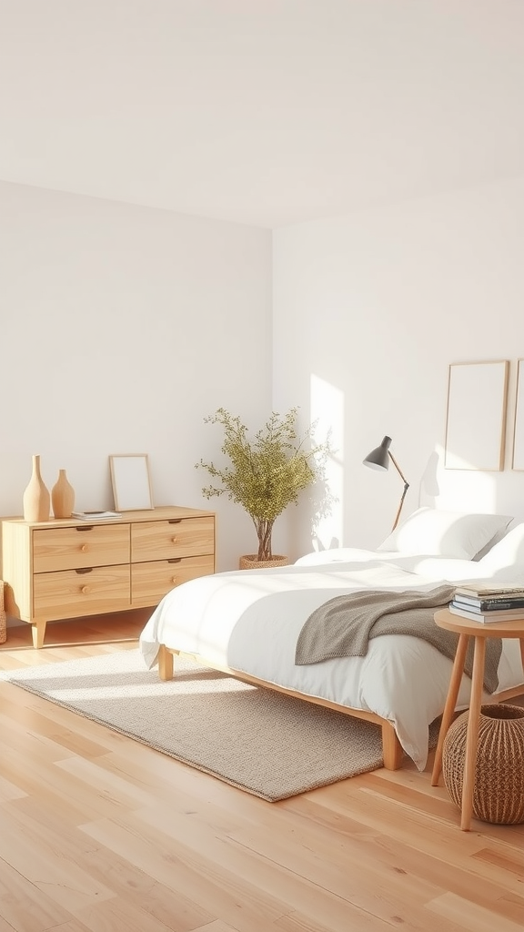 A minimalist Scandinavian style bedroom featuring a bed with white bedding, a wooden dresser, and a small table with books.