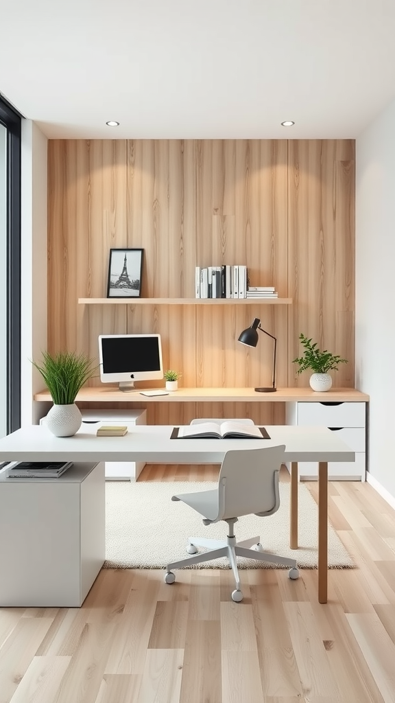 A minimalist office with a white desk, wood paneling, and plants.