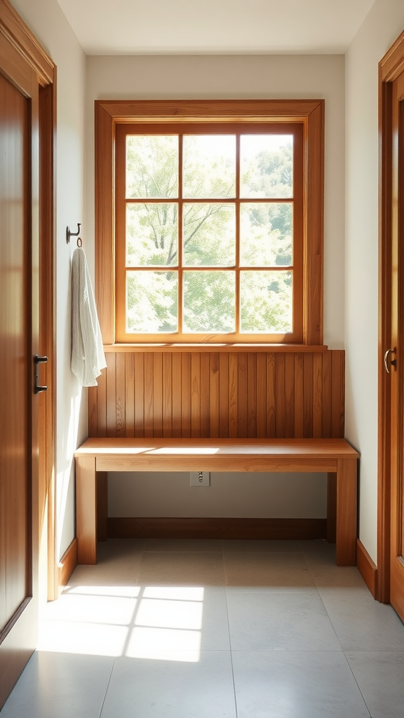 A minimalist wooden bench by a window with natural light