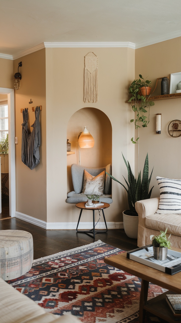 A cozy living room with mixed decor elements, featuring a patterned rug, plants, and comfortable seating.