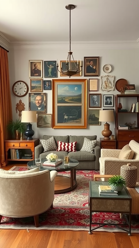 A living room featuring a mix of vintage art and modern furniture, creating a cozy atmosphere.