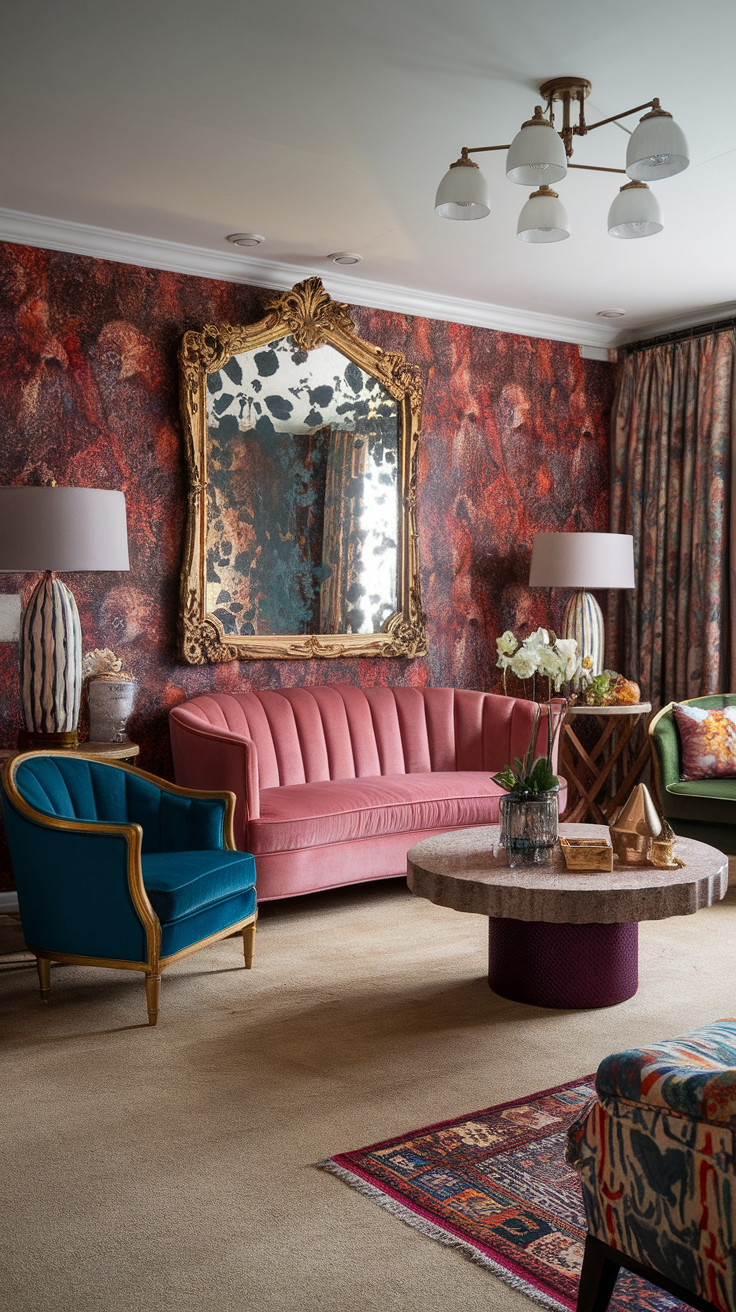 A living room featuring a pink velvet sofa, a marble coffee table, and colorful decor.