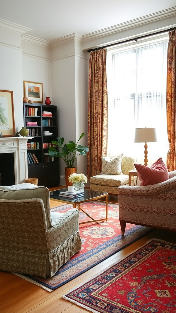 A cozy living room with mixed patterns in rugs and chairs.