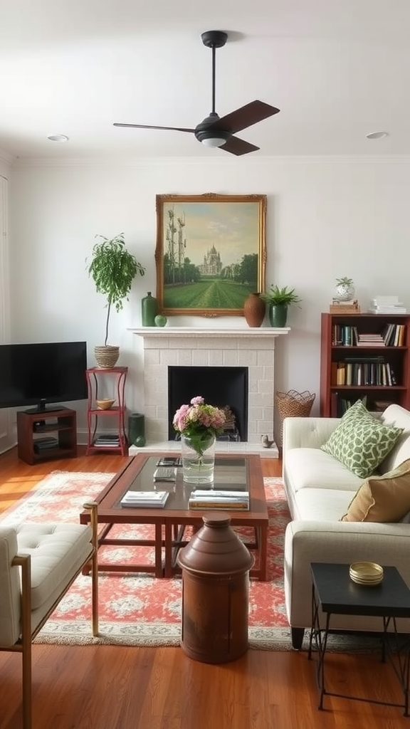 A cozy living room featuring a mix of modern and vintage decor, including a stylish sofa, a classic painting, and a decorative coffee table.