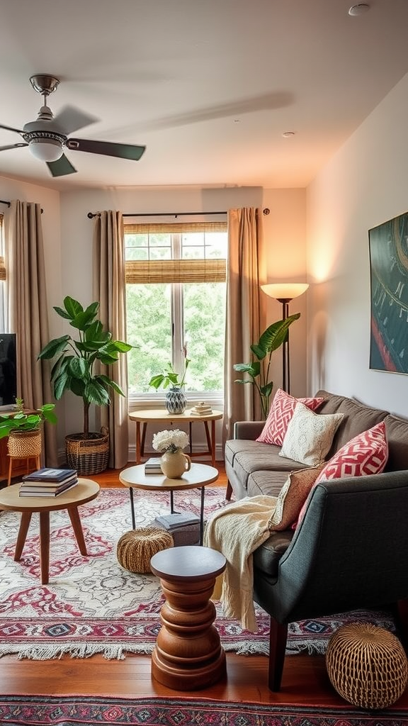 A cozy living room featuring a mix of textiles with a sofa, patterned pillows, a rug, and plants.