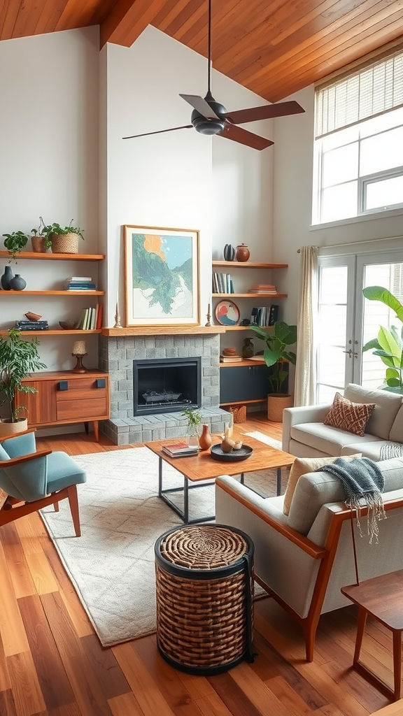 A cozy living room featuring a mix of vintage and modern furniture, with warm wood tones and clean lines.