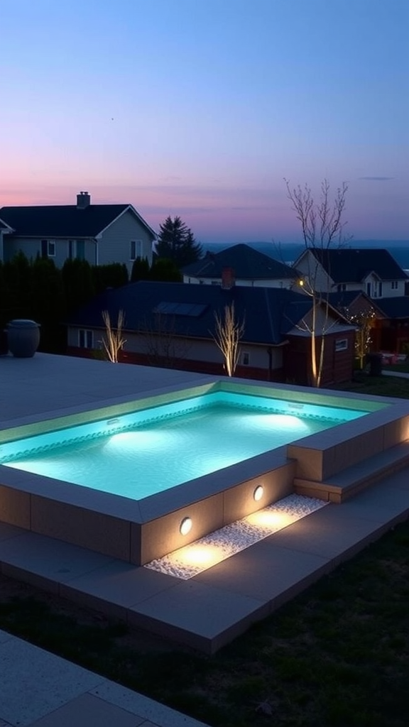 A modern mini concrete pool illuminated at night, showcasing a sleek design.