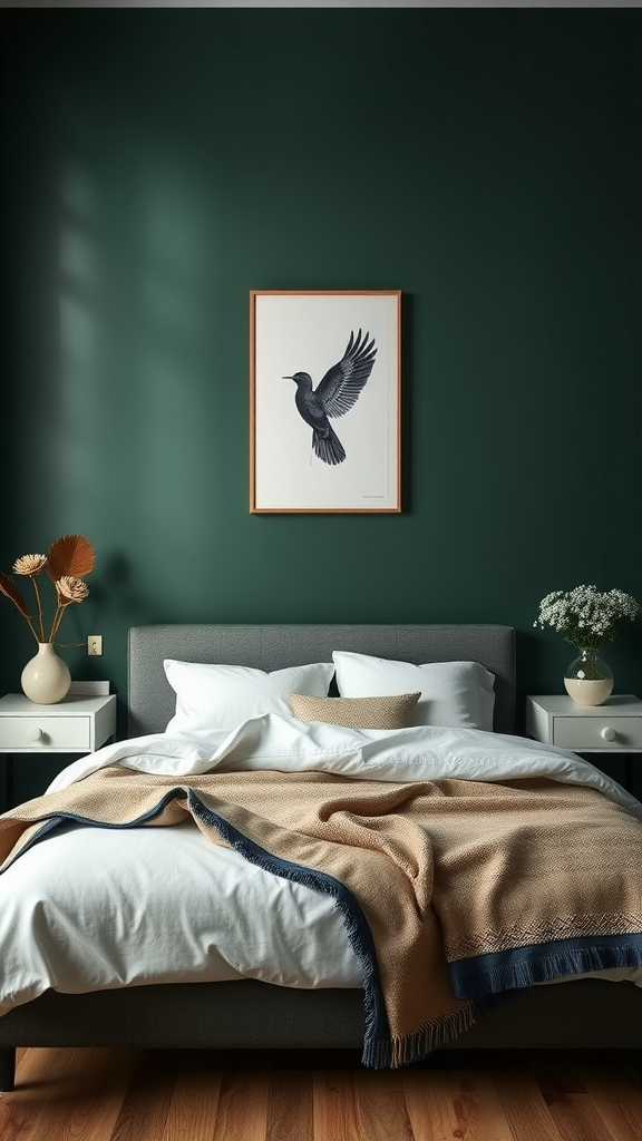 A modern minimalist bedroom featuring a gray bed, white bedding, a warm blanket, and a green wall with a bird print.