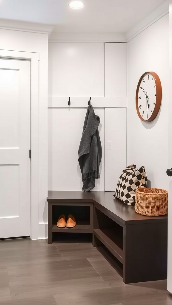 A modern minimalist bench in an entryway with a coat hanging, a clock on the wall, and decorative elements.