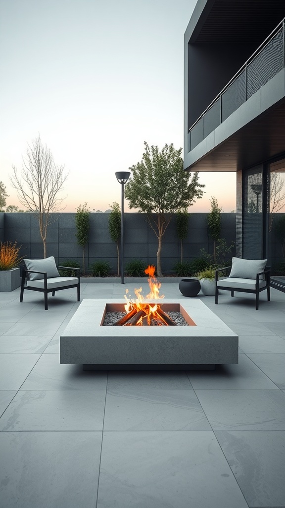 A modern minimalist fire pit with a square design, surrounded by stylish chairs in a contemporary backyard setting.