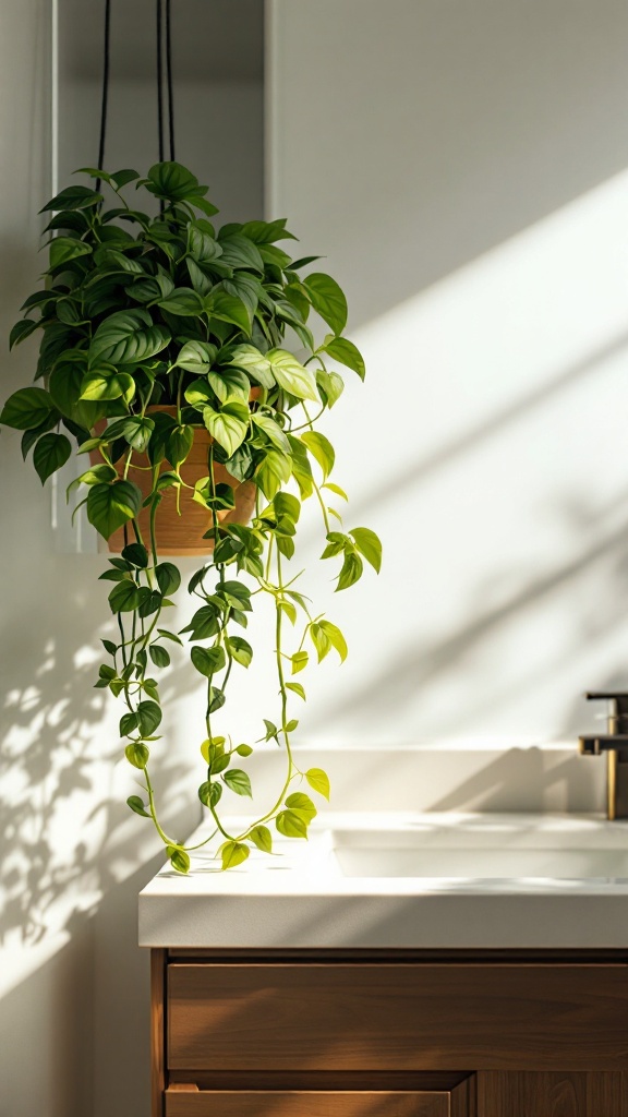 A Money Plant hanging in a bathroom, showcasing vibrant green leaves