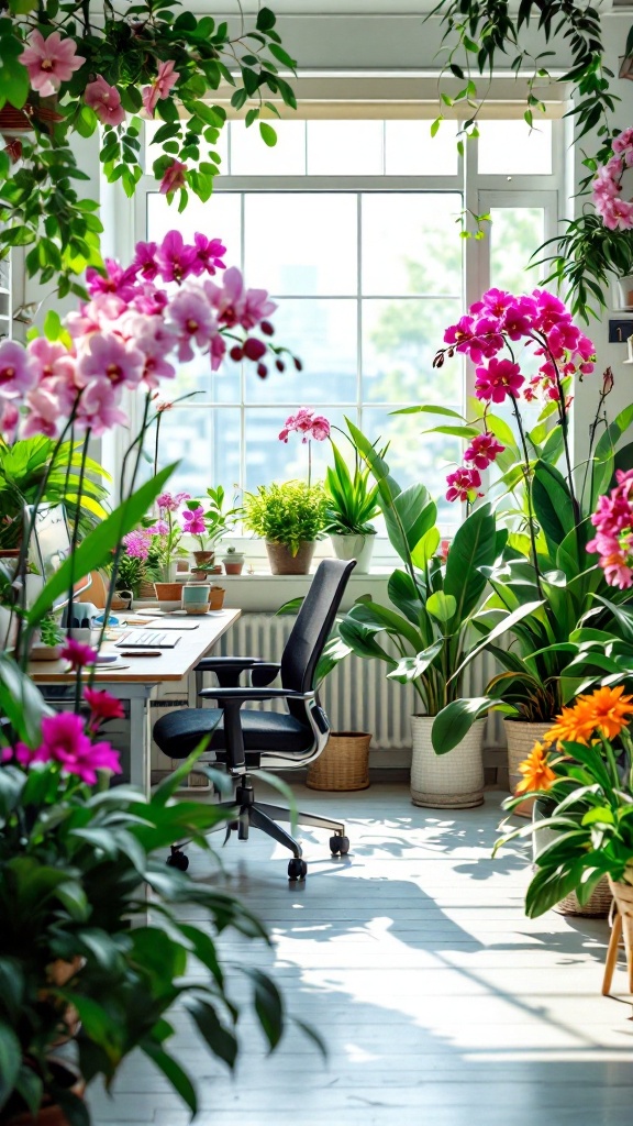 A cozy office filled with various plants and colorful flowers near a window.