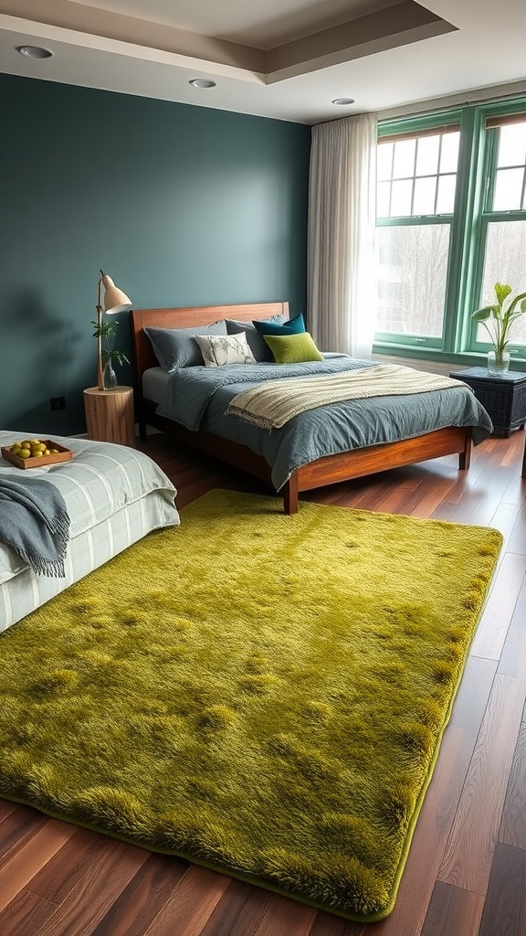 A cozy bedroom featuring a moss green rug, wooden bed, and soft bedding.