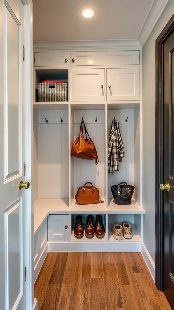 A stylish mudroom locker with hidden compartments for shoes and bags.