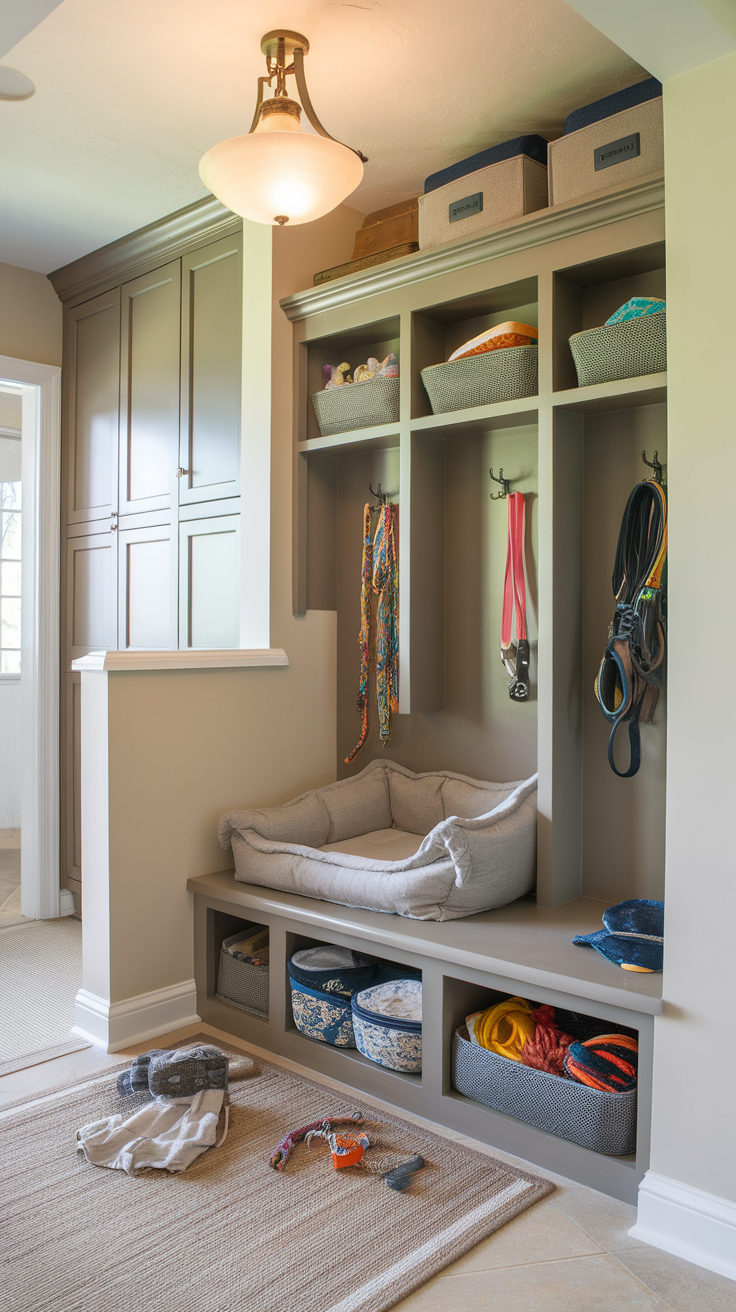 A mudroom with a pet corner featuring a soft pet bed, organized storage for leashes and toys.