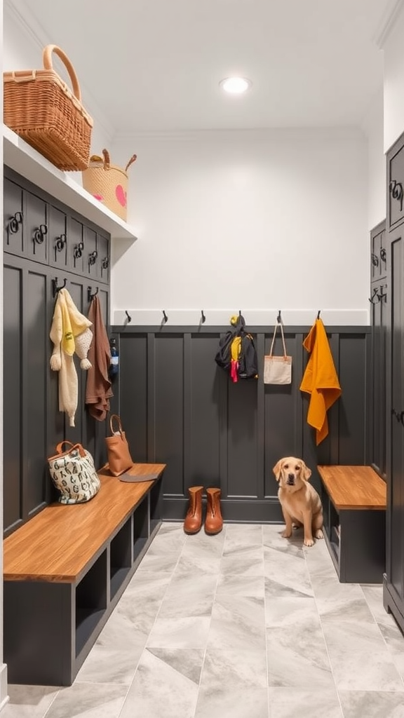 A modern mudroom featuring lockers, benches, and a golden retriever.