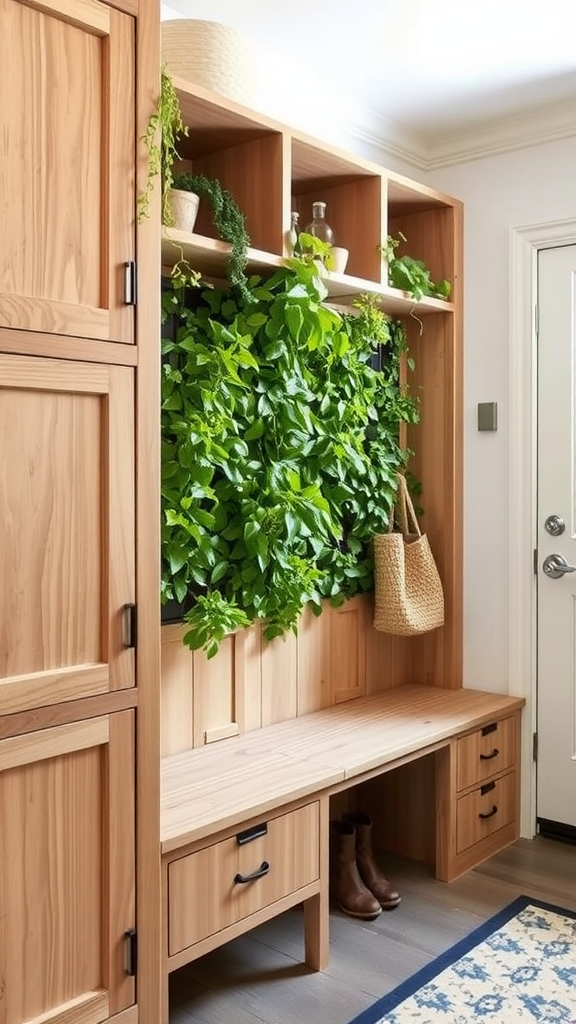 A wooden mudroom with lockers and a vertical garden featuring lush green plants.