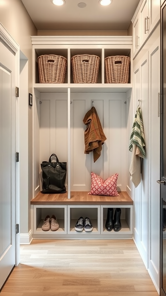 A stylish entryway storage unit with baskets, hooks for coats, and shoe compartments.